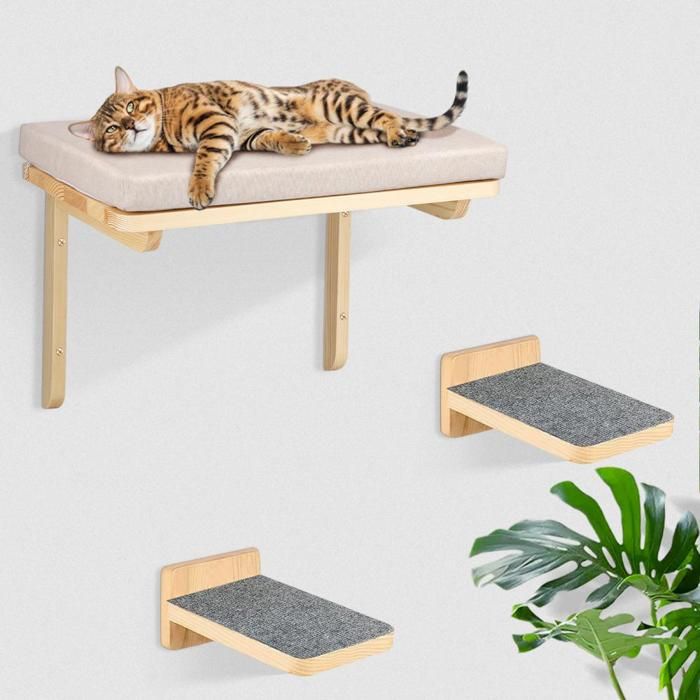 Meilleurs prix pour JEOBEST Lit pour Chat en Bois Massif Mural - Meubles pour Chat - Ensemble Mural d’escalade pour Chat - Gris