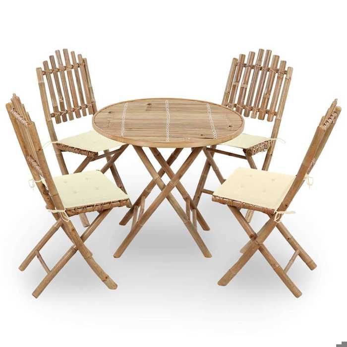 vidaXL Ensemble mobilier à dîner d'extérieur pliable 5 pièces avec coussins Bambou