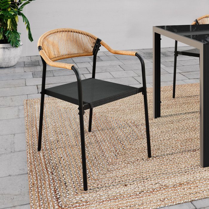 IDMARKET Lot de 4 chaises de jardin MADEIRA métal cordage et textilène noir et rotin clair IDMARKET Lot de 4 chaises de jardin MADEIRA métal cordage et textilène noir et rotin clair