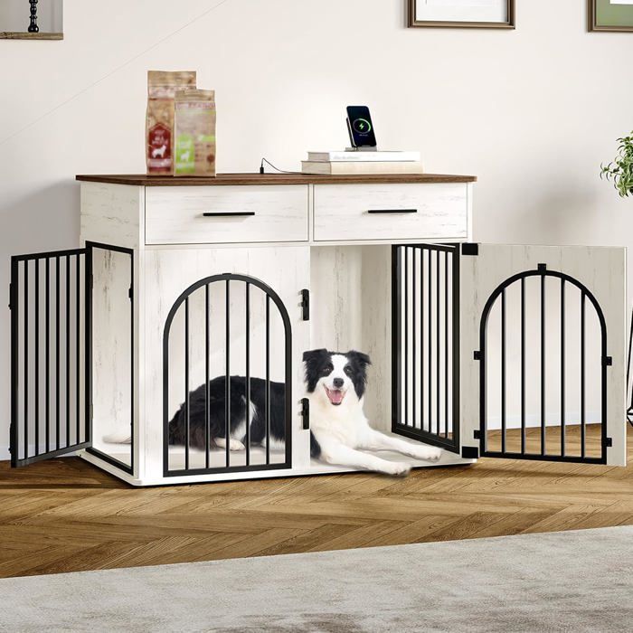 100 cm Cage pour Chien avec 2 Tiroirs de RangementStation de Charge pour Chiens de Taille Moyenne/Grande Blanc et Marron