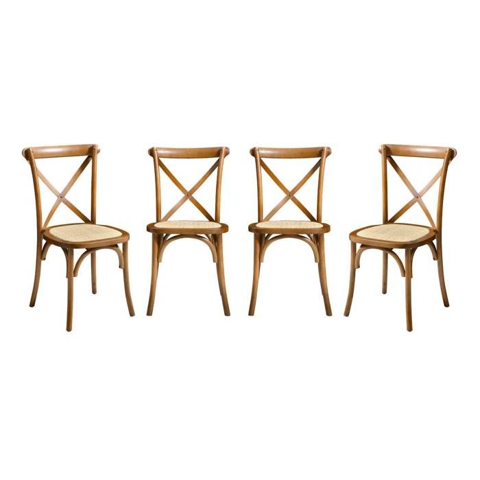 Lot de 4 chaises de bistrot en bois dhévéa effet noyer. vintage. assise en rotin. empilables
