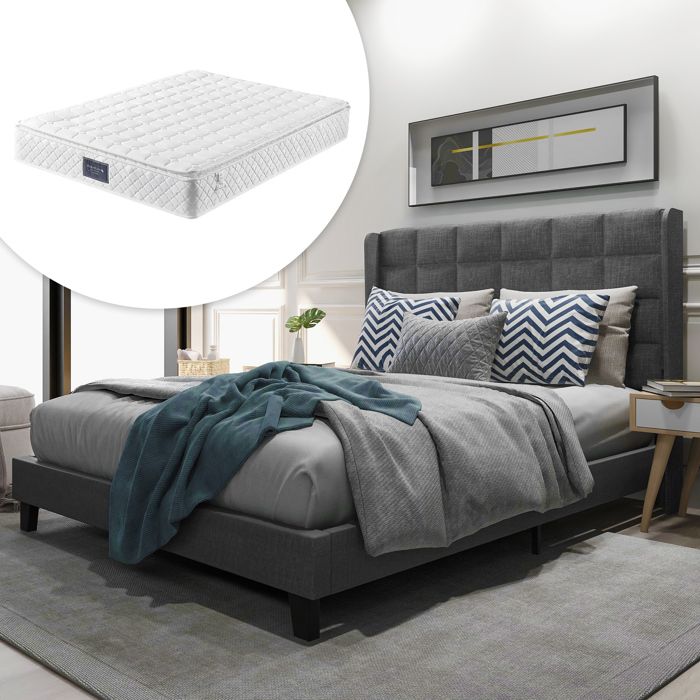 Lit rembourré - TRUXEN8 - 140x200cm - Lin gris - Sommier à lattes - Matelas ressorts