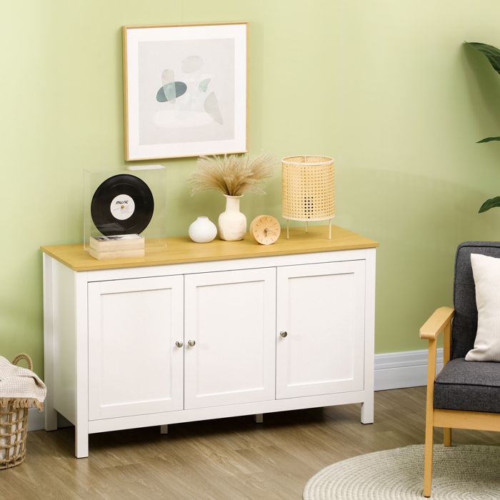 Buffet meuble de rangement avec 3 portes 2 étagères réglables plateau aspect bois clair 120 x 40 x 70 cm blanc