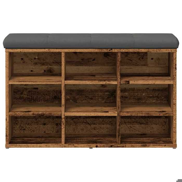 Banc à chaussures en bois dingénierie - WIENS - 82x32x50 cm - Vieux bois - Coussin gris foncé - Capacité 110 kg