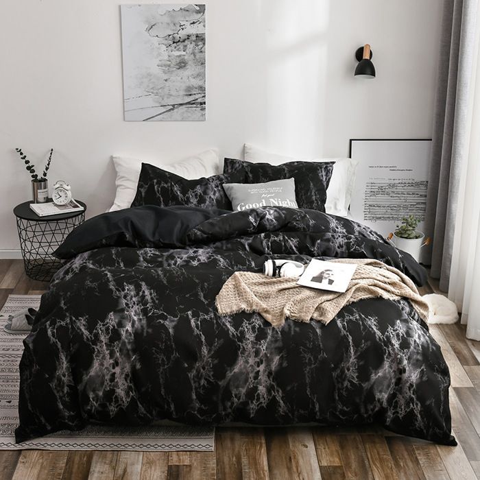 Housse de Couette 200x200 cm avec 2 Taies doreiller 50x75 cm - Set da 3 Pezzi avec Fermeture Éclair Noir Marbre PARURE DE COUETTE