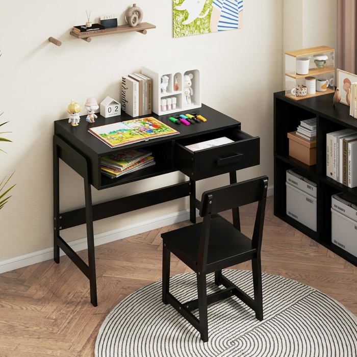GIANTEX Bureau Enfant 3 Ans+ avec Chaise-85x48x70CM-Ensemble de Bureau dÉtude en Bois avec Tiroir-Noir