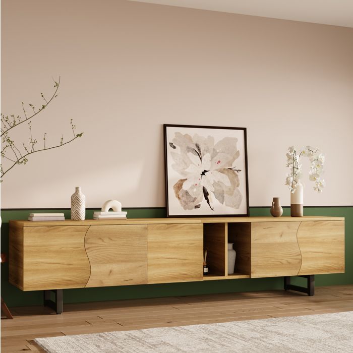Meuble TV bas avec 5 portes et étagères. cadre métal. MDF & panneaux de particules. naturel. 191×38×46.5 cm