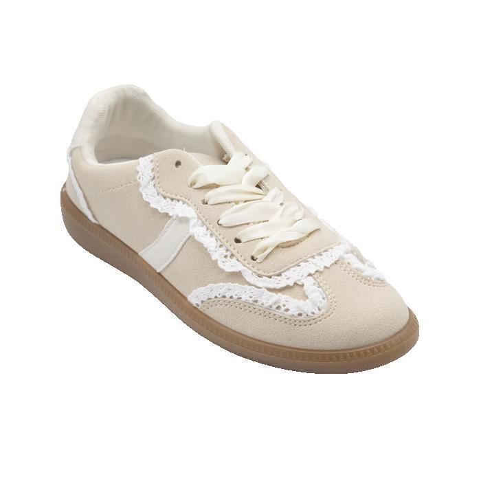 PRIMTEX Baskets femme beige en suédine avec dentelle - sneakers mode et confort semelle gomme
