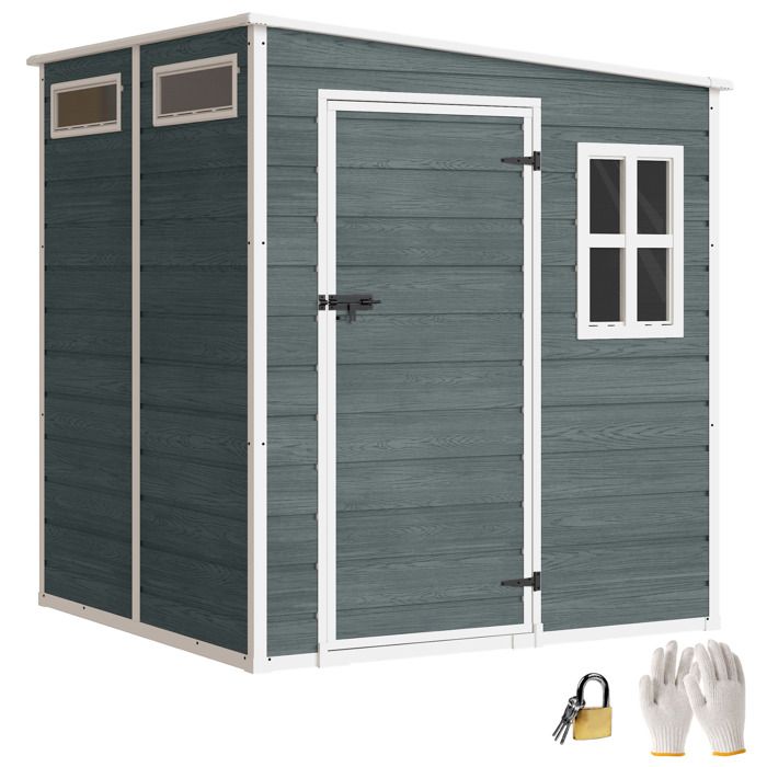 OUTSUNNY Abri de jardin 2,89 m&sup2; porte verrouillable plancher fen&ecirc;tres a&eacute;rations r&eacute;sine PP effet bois gris blanc