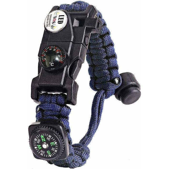 Bracelet de survie - Virex - Kit militaire - Silex - Boussole - Thermomètre - Sifflet - Lampe LED