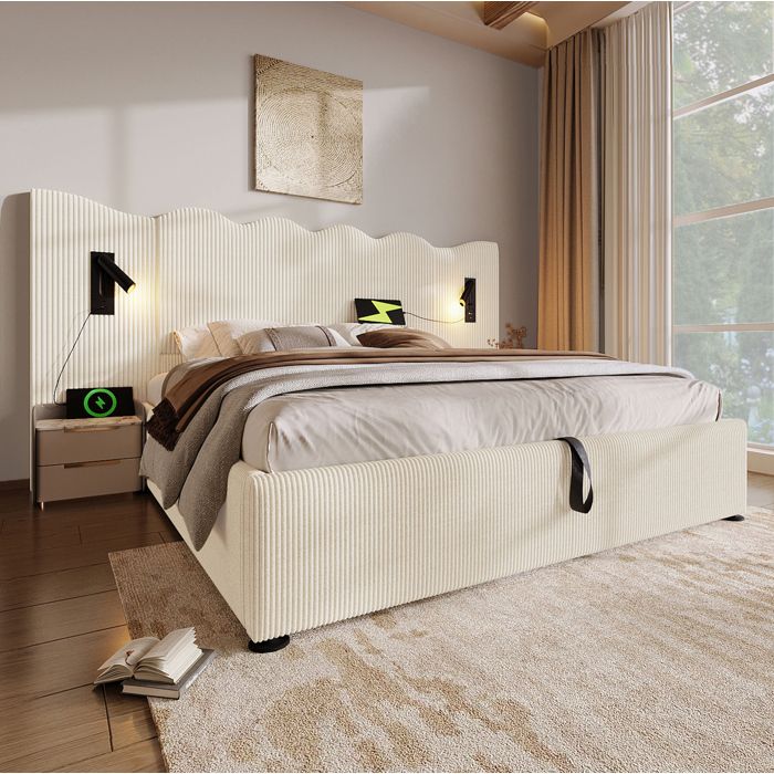 Lit coffre double beige 180×200 cm avec sommier inclus liseuse 360° et ports USB/Type‑C structure stable