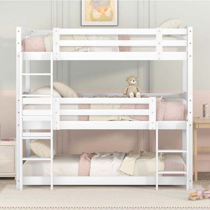 Lit superposé triple enfant 90 x 200 cm EVRYAE en pin et MDF 3 couchages avec échelles blanc