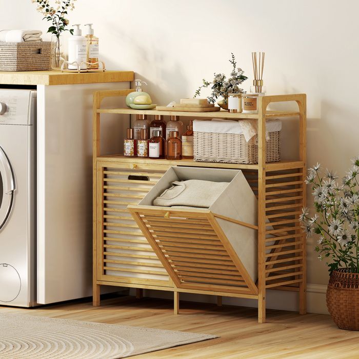MOTHINESSTO4677-Meuble salle de bain en bambou armoire salle de bain avec 2 paniers à linge et 2 étagères 82x33x88cm bois naturel