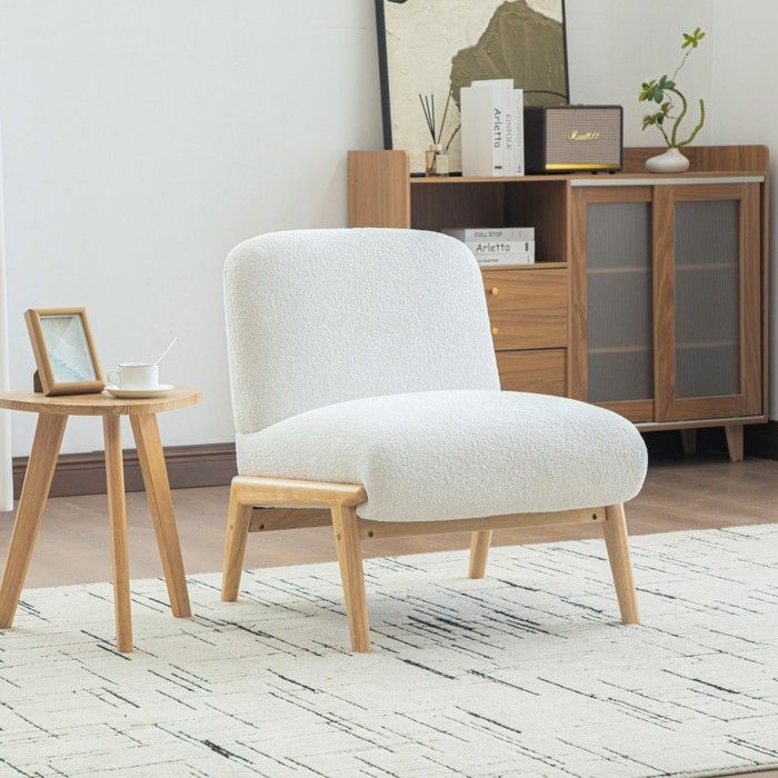 Fauteuil lounge scandinave tissu chenille doux structure bois robuste salon chambre Ivoire 61.5x74x76cm Fauteuil lounge scandinave tissu chenille doux structure bois robuste salon chambre Ivoire 61.5x74x76cm