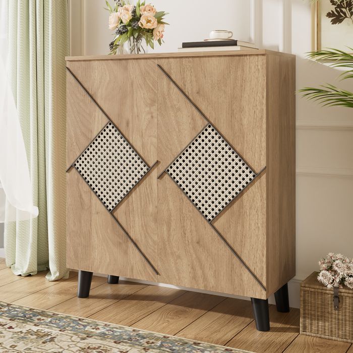 Meuble à chaussures 80x31x91 cm pour entrée avec rangement portes fermées motif rotin coloris bois