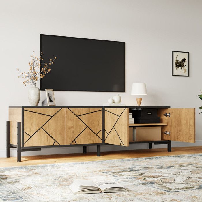 Bladez - Meuble TV 153 cm Avec 4 portes pour TV 65 pouces 6 Pieds en Métal Moderne bois naturel+lignes noires