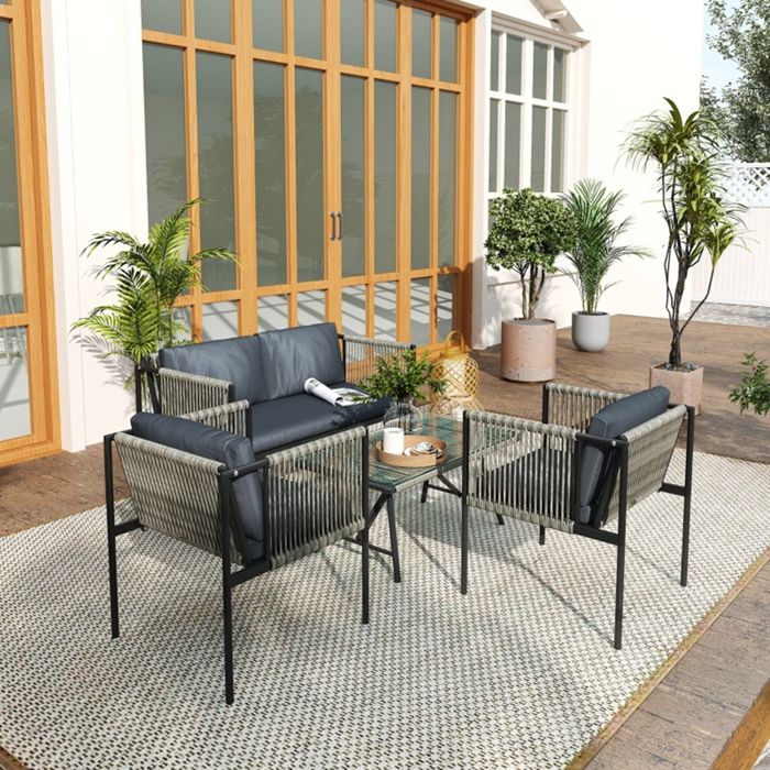 Salon de Jardin Extérieur 4 Places 1 Canapé 2 Fauteuils 1 Table avec Plateau en Verre Coussin Cadre en Acier Rotin Plastique Gris