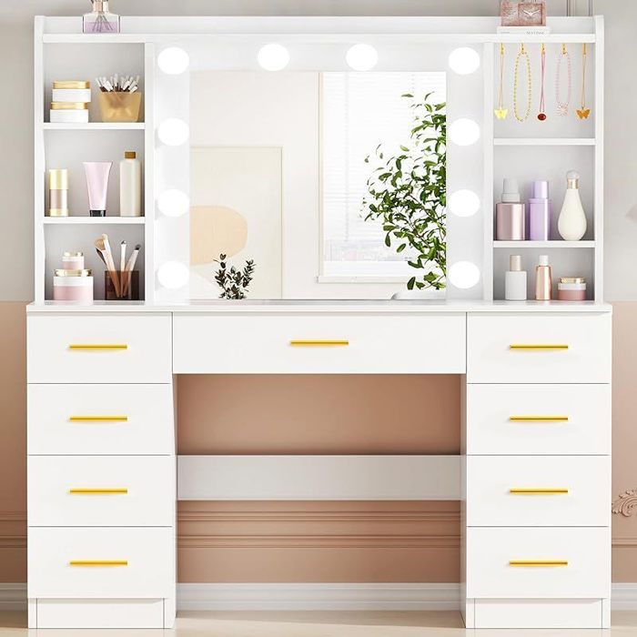 Coiffeuse / Table de maquillage - AUTREMENT - Modèle Classique - Miroir LED 3 modes - 9 tiroirs - 6 étagères