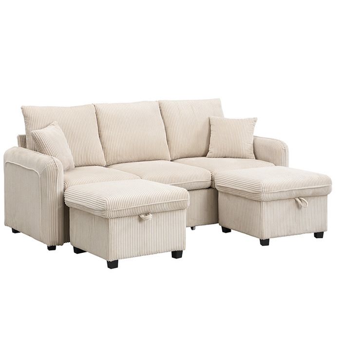 Canapé dangle en U 3 places avec fonction couchage tiroirs et pouf coffre en tissu cordé élégant