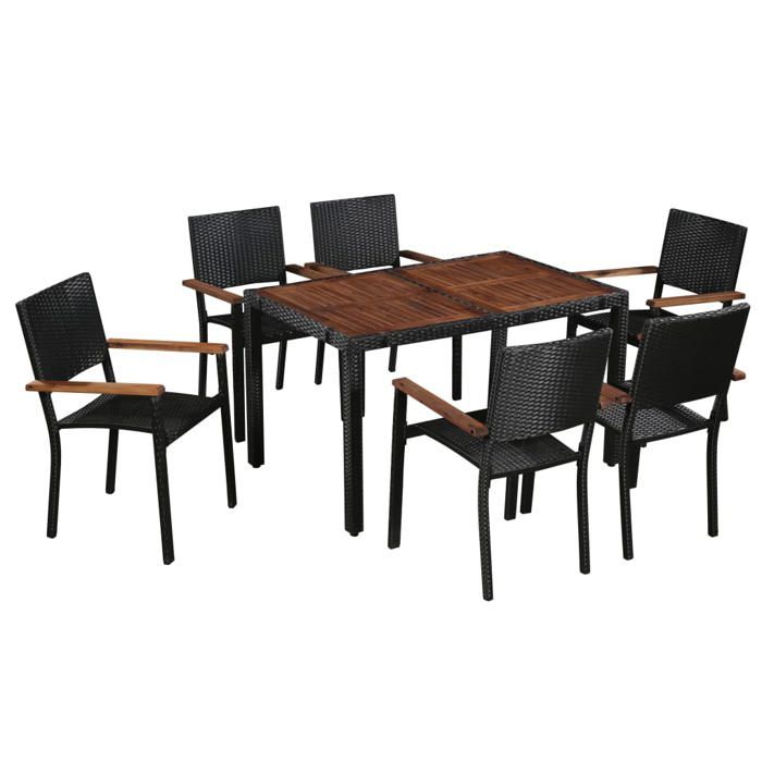 VIDAXL Ensemble Table avec chaises jardin 7pcs Résine tressée acacia Noir 130x80x75 cm M9308
