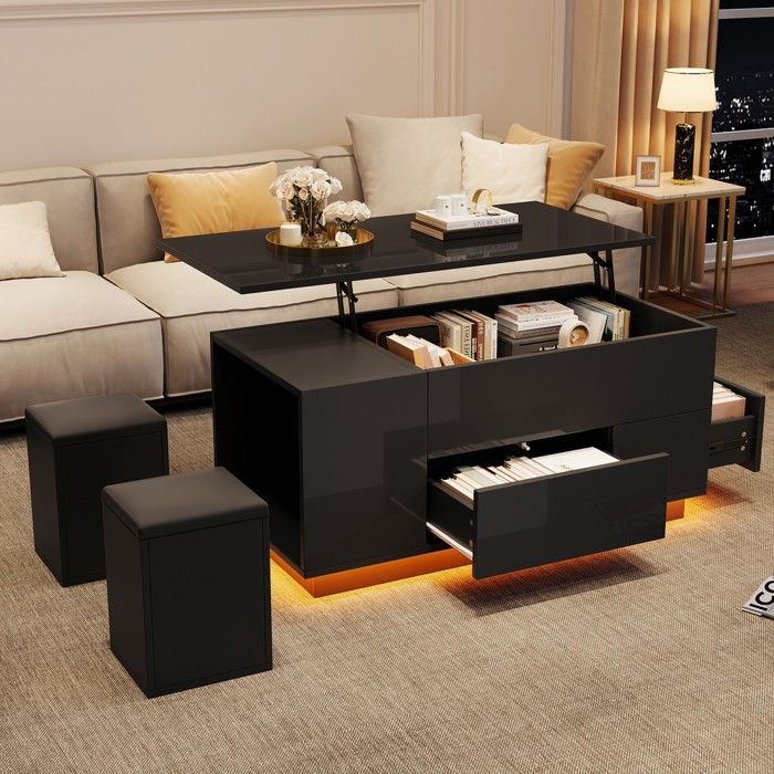 Table basse - MINIMAL - 100x50x45 cm - Relevable 4-en-1 - Bandes LED contrôlables - 2 tiroirs + 2 tabourets Table basse - MINIMAL - 100x50x45 cm - Relevable 4-en-1 - Bandes LED contrôlables - 2 tiroirs + 2 tabourets
