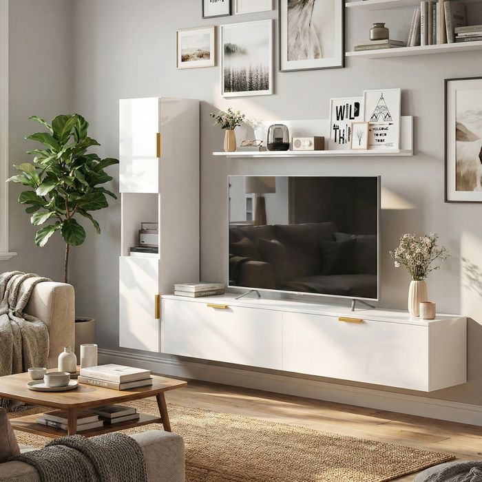 Meuble TV suspendu 3 parties - L180 x P33 x H30 - Blanc brillant - Portes abattantes - Étagère murale