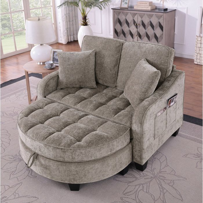 Canapé Convertible 2 En 1 1 Place Avec Pouf De Rangement Tissu Chenille Bois D Eucalyptus Marron Compact Pour Petits Espaces