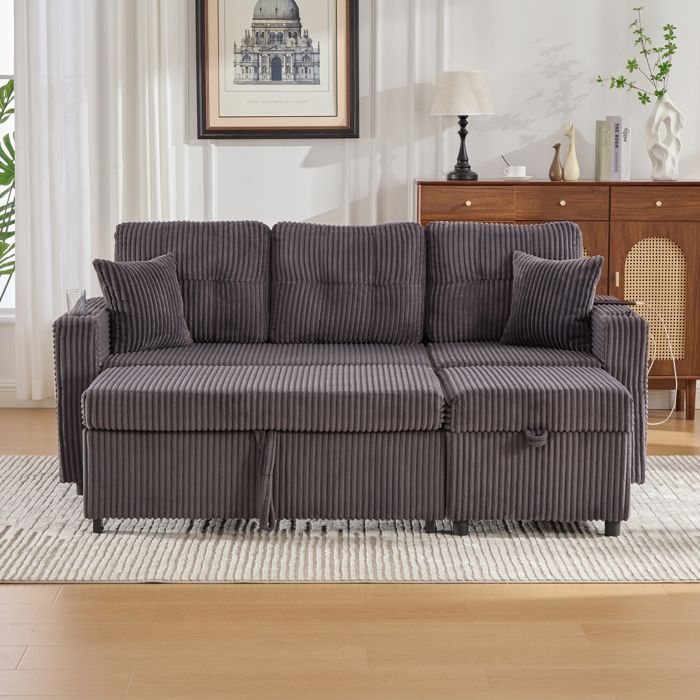 Canapé convertible 3 places avec coffre de rangement USB-C LED et porte-gobelet corduroy gris foncé ORVRYN