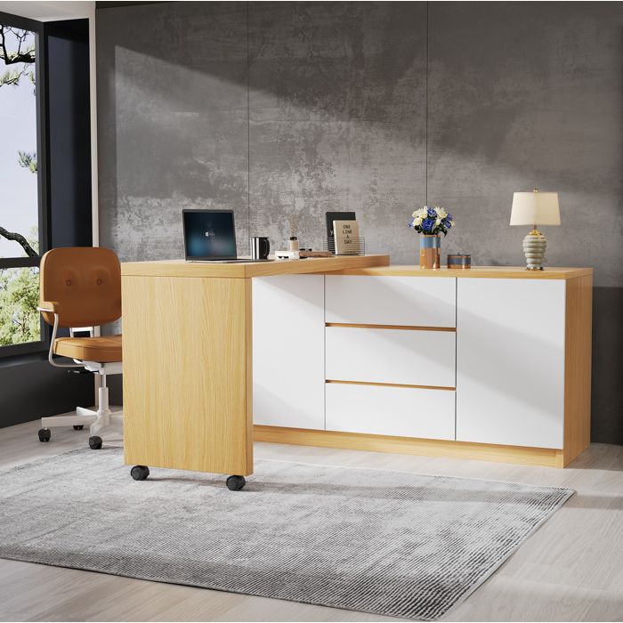 WOVREO Bureau dangle pivotant 360° 120 x 50 x 765 cm avec 2 portes 3 tiroirs et roulettes freinées blanc chêne