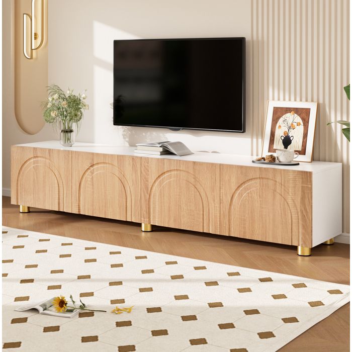 WOVREO Meuble TV 180 cm 4 portes avec relief en arc décor bois et blanc pieds en métal