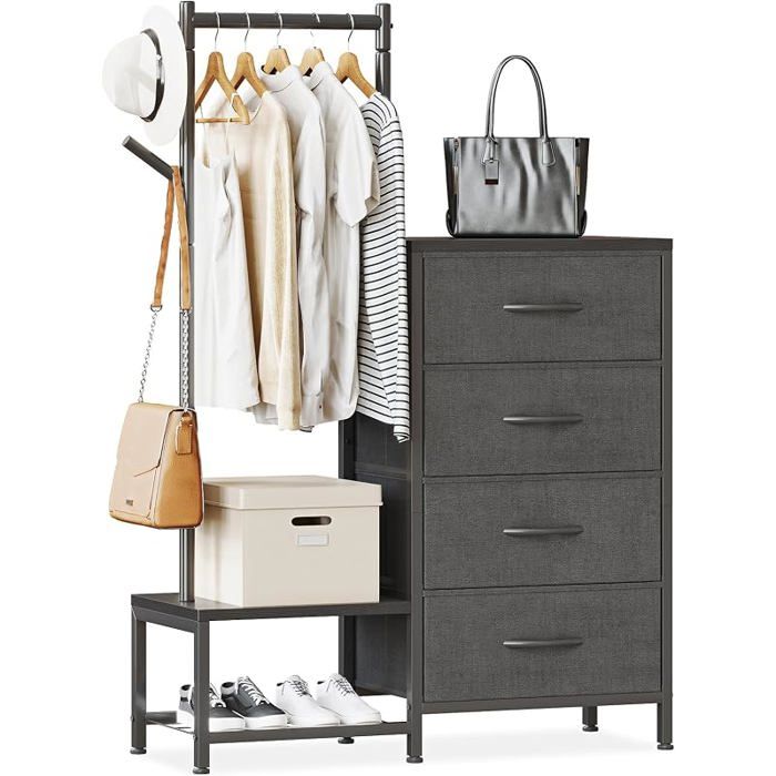 Commode Chambre Adulte 3 en 1avec Portant a Vetement Robuste et Deux CrochetsDouble Etagere ChaussureContient 4 Noir