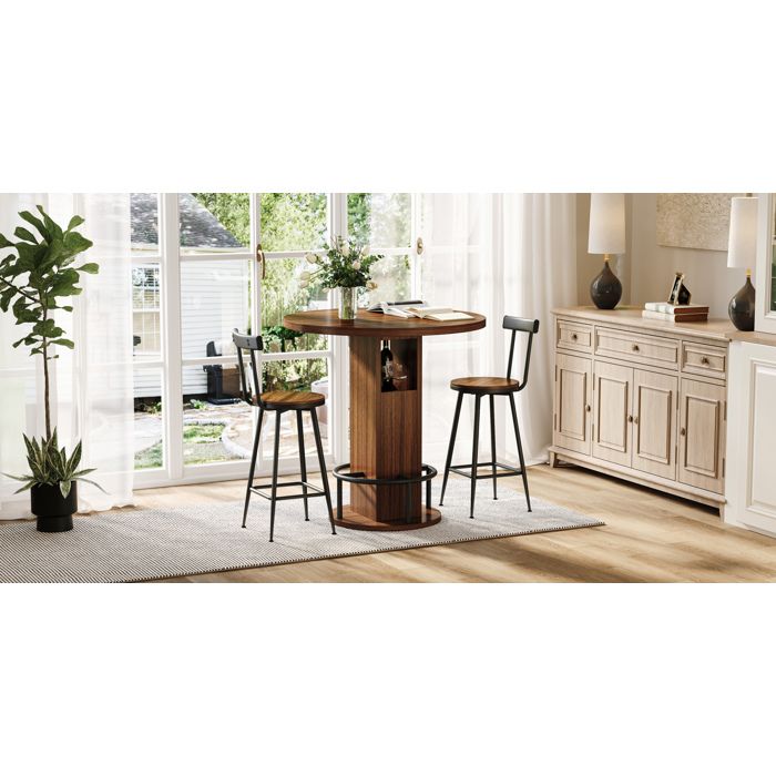 Ensemble Bar 3 Pièces Table Ronde avec 2 Tabourets Rangement Intégré Repose-Pieds en Métal Noyer - UVRION