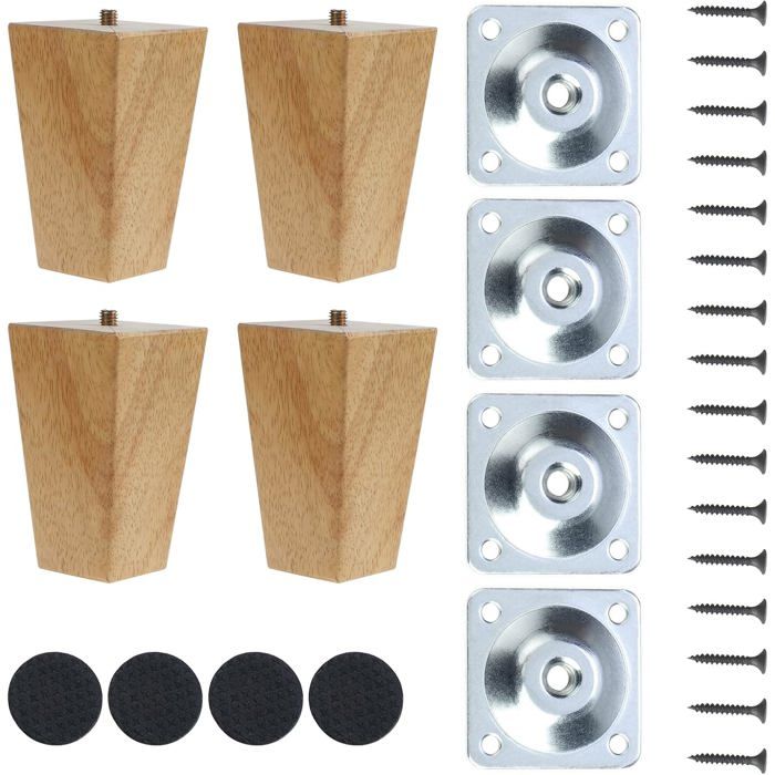 4 Pcs Pieds De Meuble en Bois10cm Pieds de Table en Bois MassifPieds de Meubles de Remplacement avec Vis de Plaque de Montage