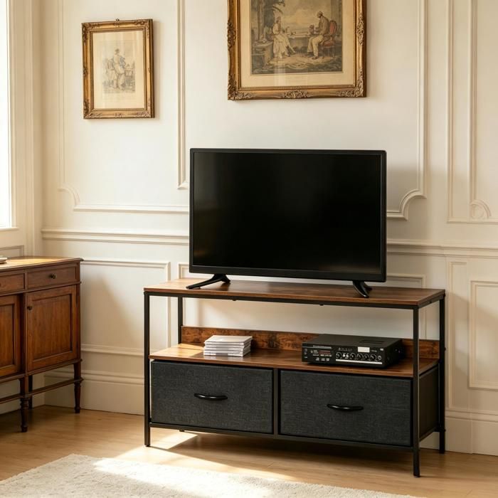 Meuble TV bas industriel 98 x 29 x 56 cm pour TV 47 pouces 2 tiroirs pliables étagère ouverte structure en métal