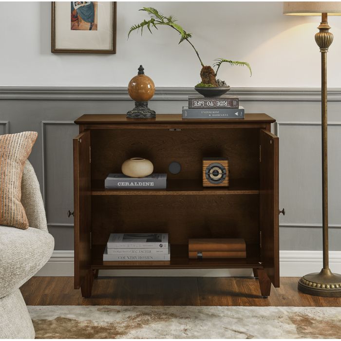Buffet bas - Bahut rétro en noyer - 2 portes étagère réglable bois et MDF