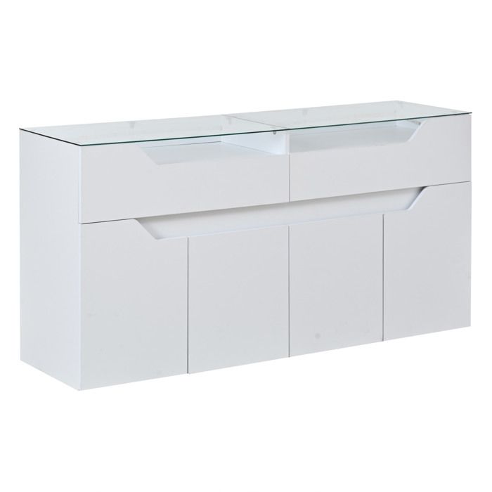 Buffet bas blanc - MDF - plateau en verre trempe - 2 tiroirs - 140 x 40 x 70 cm - 30 kg - LED
