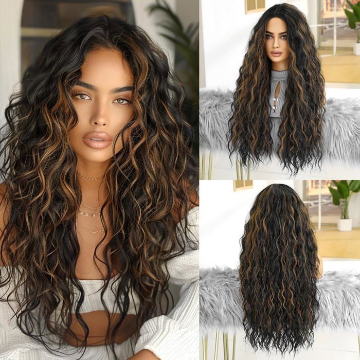 Perruque Femme Ondulée Longue 24Brun Mèches Synthétique Fête