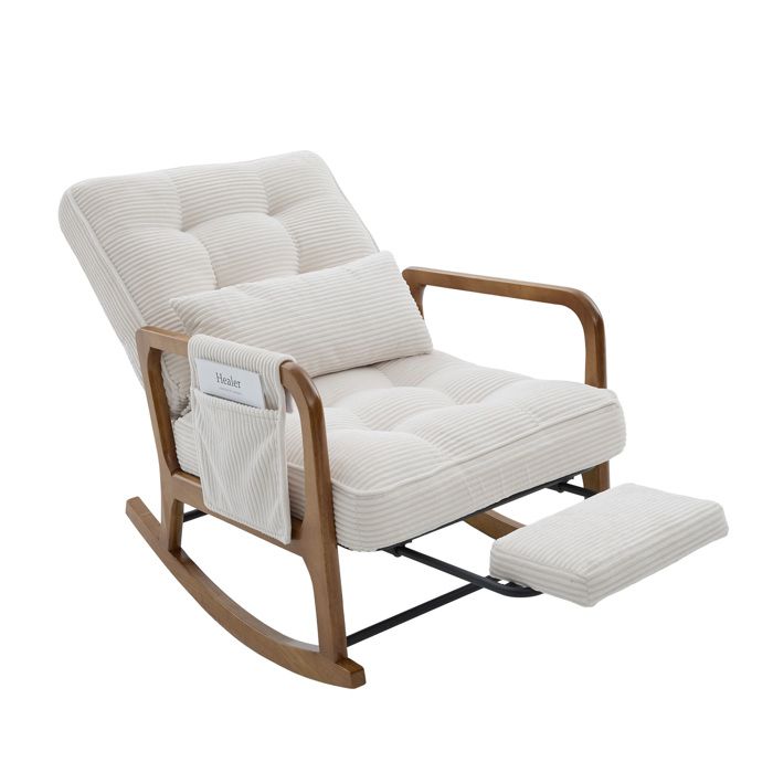 Fauteuil à bascule avec repose-pieds – Corduroy beige – poche latérale – dossier réglable – 150 kg