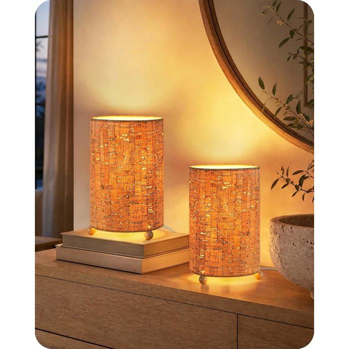 Lot de 2 lampes de chevet bohème vintage - abat-jour en écorce avec ampoule LED 4W 2400K E27 T45 incluse 13 x 13 x 20 5 cm