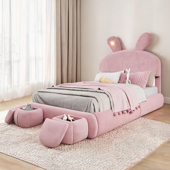 Lit double velours rose 140x200 cm avec coffre hydraulique et oreilles de lapin LED poufs ronds inclus