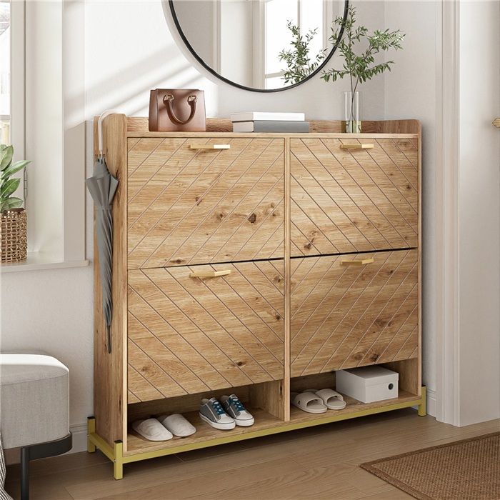 Meuble à chaussures 4 portes en finition bois design épuré et gain de place pour hall ou couloir Meuble à chaussures 4 portes en finition bois design épuré et gain de place pour hall ou couloir