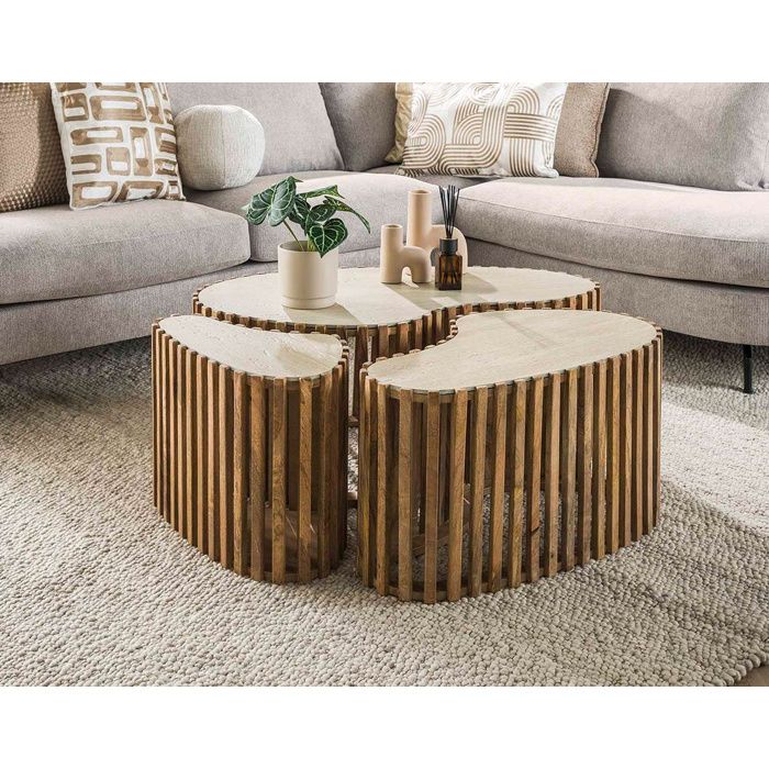 Jade - lot de 3 tables basses gigognes effet travertin - pieds en bois massif de manguier - 90 70 et 50 cm - Bois / Beige Jade - lot de 3 tables basses gigognes effet travertin - pieds en bois massif de manguier - 90 70 et 50 cm - Bois / Beige