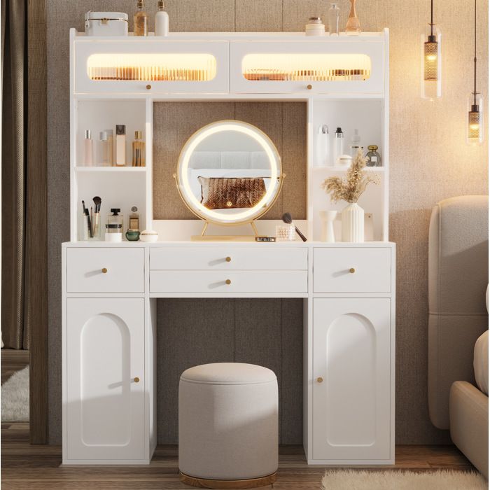 MEULVA Coiffeuse avec miroir LED 4 tiroirs 4 étagères ouvertes 2 portes vitrées blanche