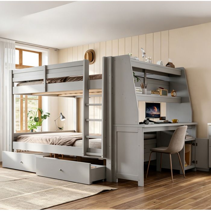 Lit Superposé 140x200 Cm Gris Bureau Intégré FloraGrace Pour Chambre Enfant Avec Rangement Latéral Réversible 236x145x160cm
