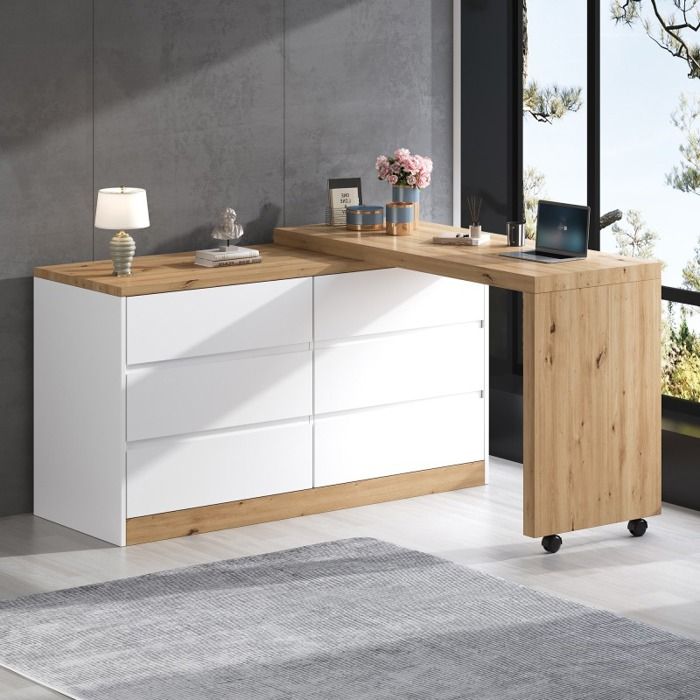 Bureau avec Roulettes Autobloquantes - Plateau Rotatif Épais 4 cm Design Pivotant 2-en-1 Table dAngle et Buffet Blanc/Chêne