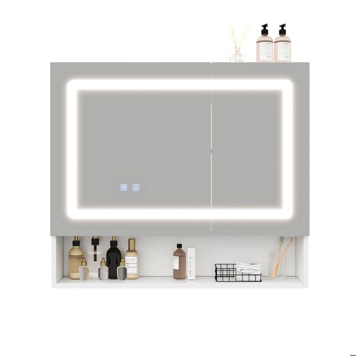 Armoire à pharmacie miroir double porte 80x17x70 cm LED anti-buée étagère réglable blanc JOINERY