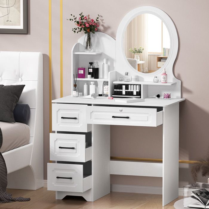 Coiffeuse avec Grand Miroir LED 3 Couleurs 4 Tiroirs et 3 Étagères Ouvertes Table de Maquillage Style Européen Blanc
