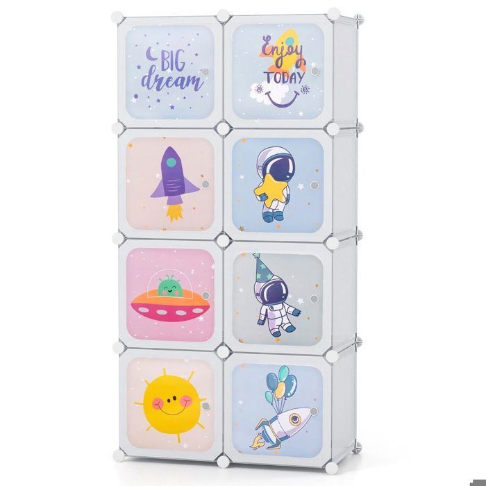 Armoire Enfant Modulable Rangement avec Penderie et 8 Cubes Portes à Motifs Plastique Blanc Chambre Bébé