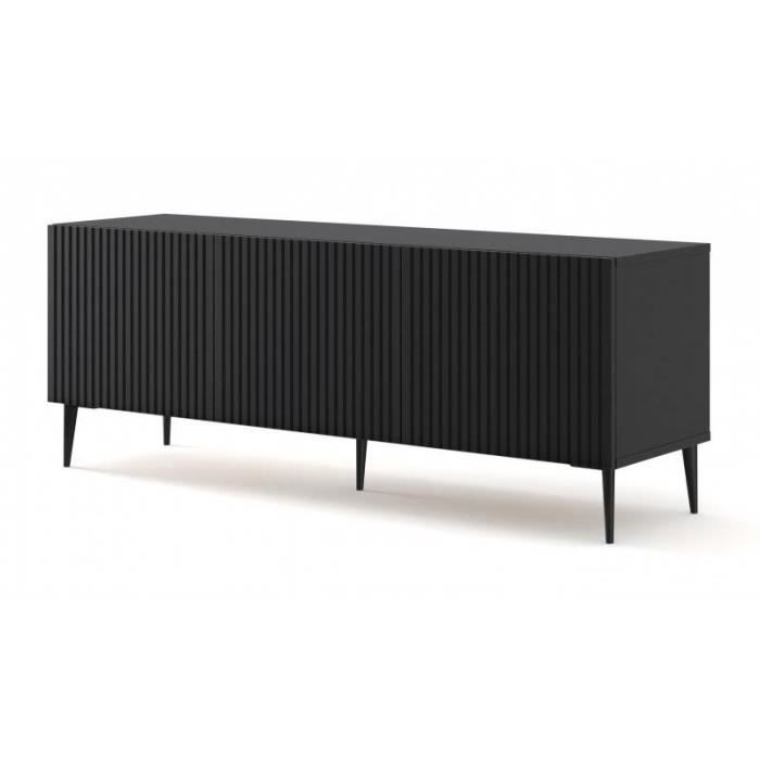 Meubles TV - Meuble TV Ravena avec 3 portes en bois et pieds noirs - Noir mat - L 150 x P 42 x H 56 cm Meubles TV - Meuble TV Ravena avec 3 portes en bois et pieds noirs - Noir mat - L 150 x P 42 x H 56 cm