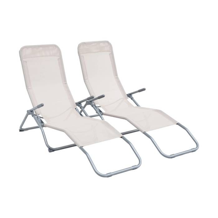 Lot de 2 bains de soleil pliants - Levito Taupe - Transats textilène 2 positions. chaises longues Lot de 2 bains de soleil pliants - Levito Taupe - Transats textilène 2 positions. chaises longues
